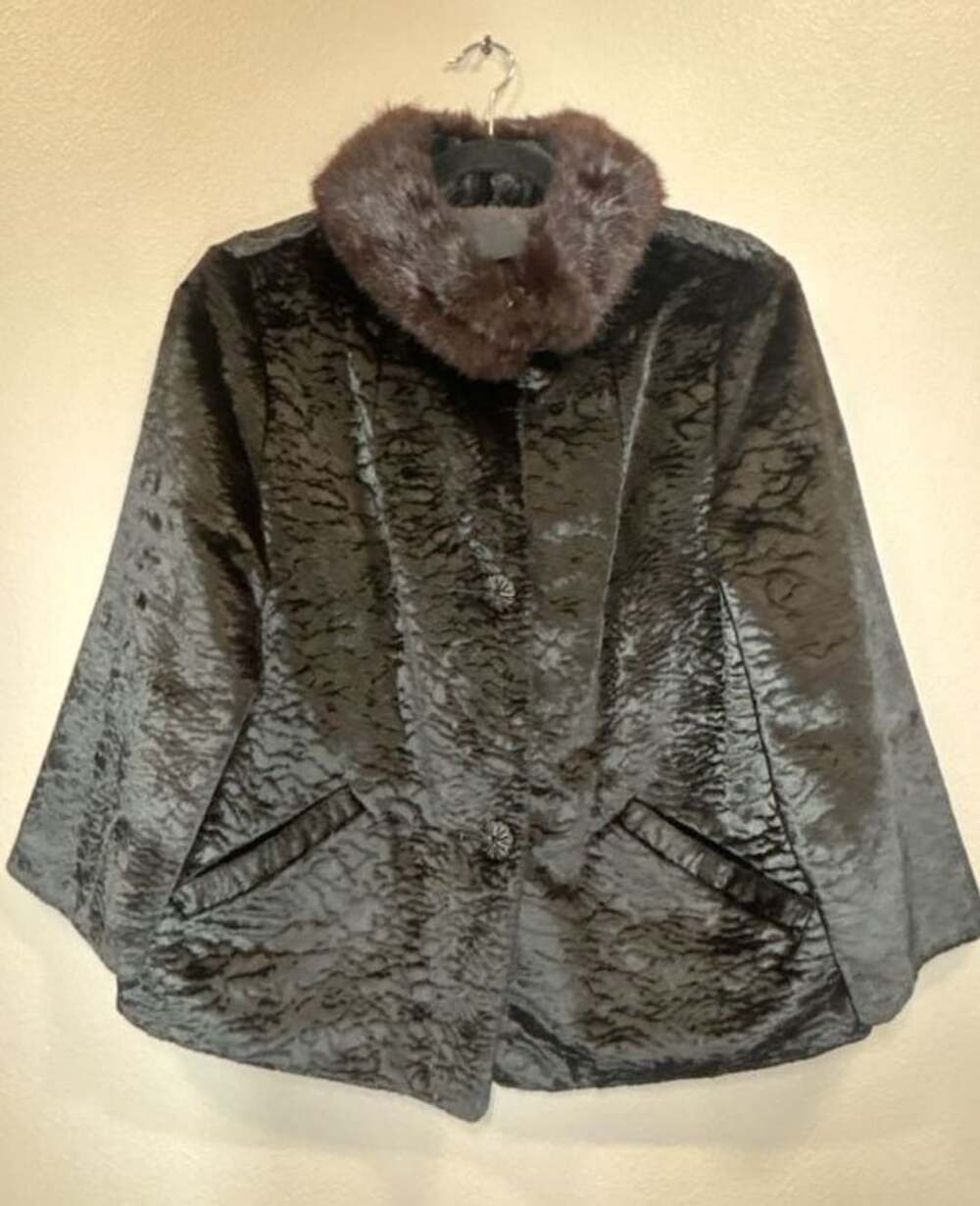 Vintage Black Faux Fur Jacket with Brown Mink Collar Sz M
